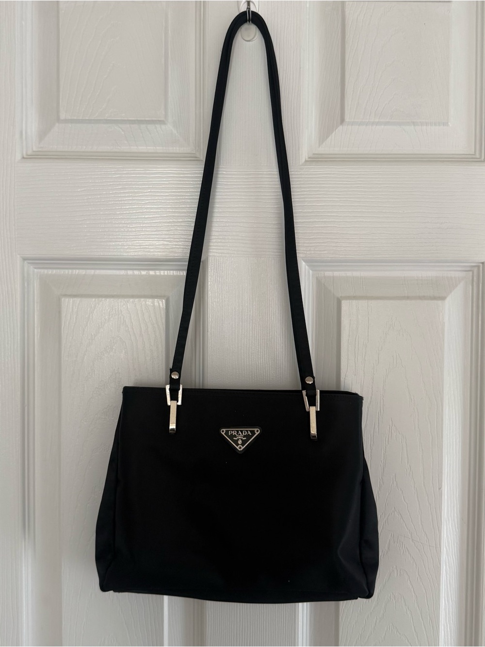 Black Nylon Shoulder Bag with Silver Hardware